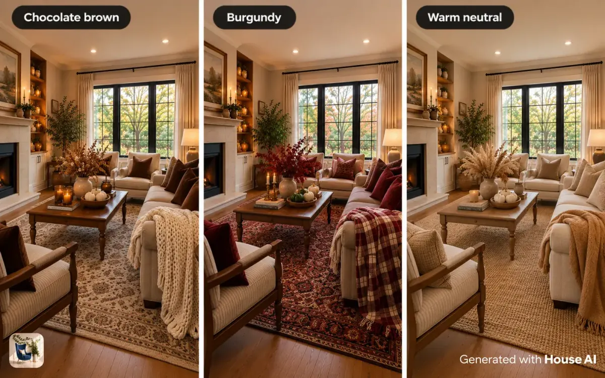 The same living room styled for fall three ways, in chocolate brown, burgundy, and warm neutral, side by side