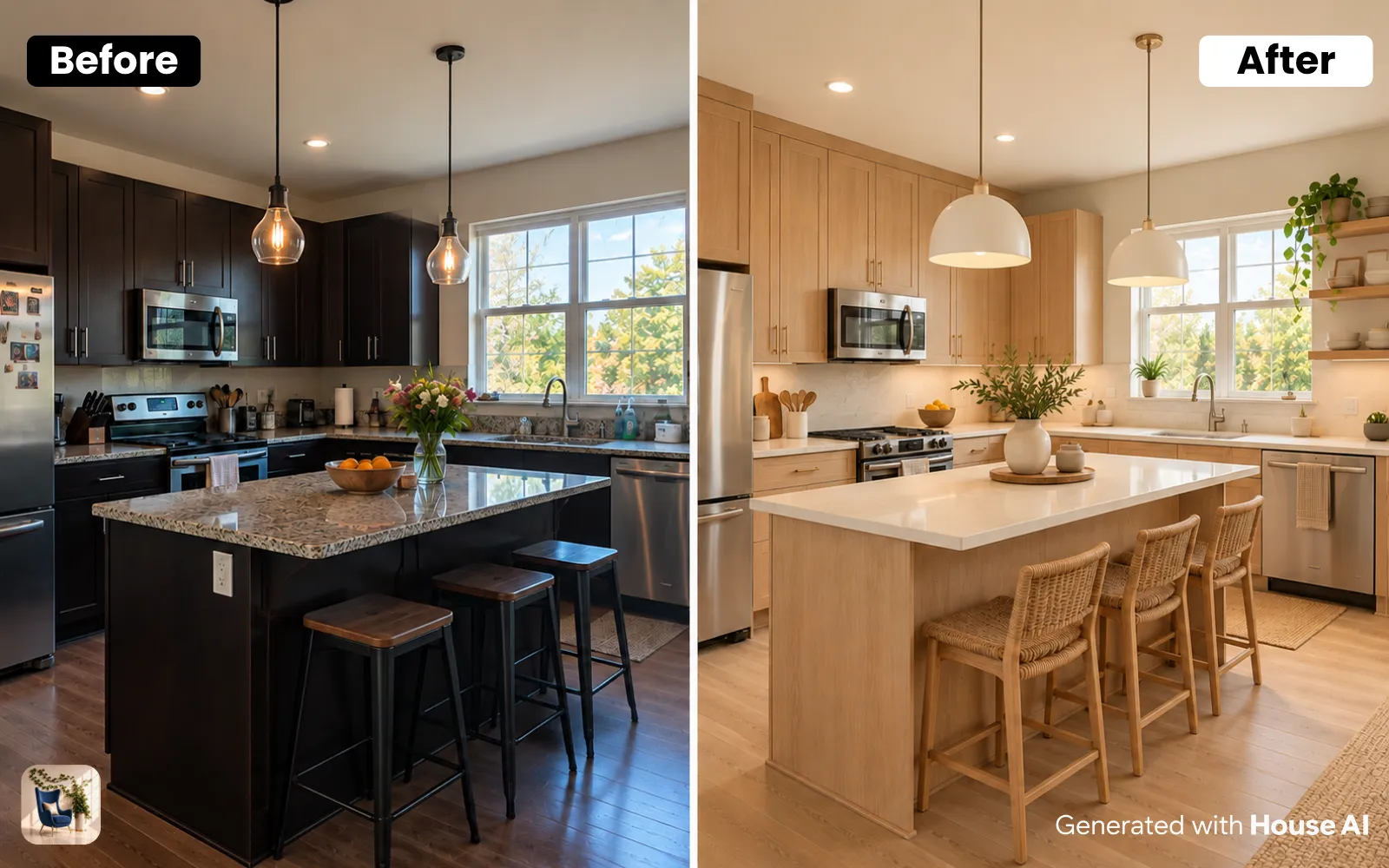 A kitchen before and after a Scandinavian restyle, with the cabinets and window in the same place