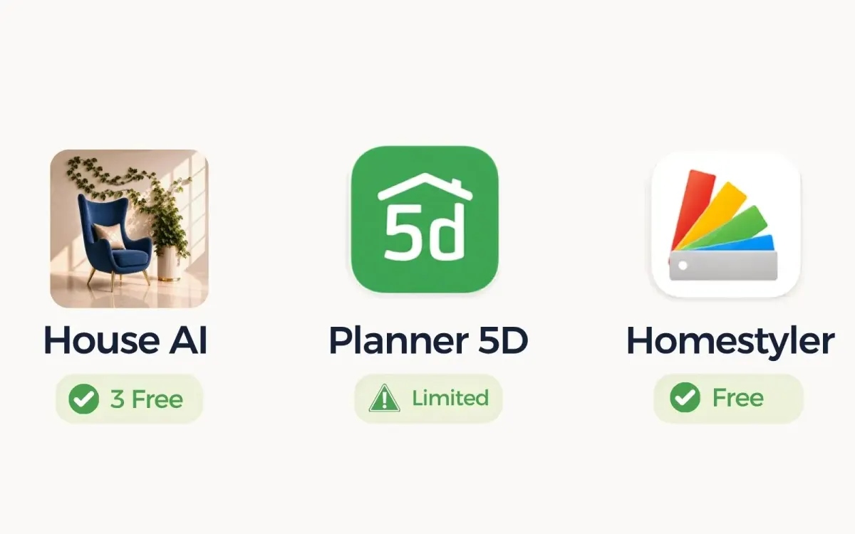 Free tier comparison of AI interior design apps in 2026
