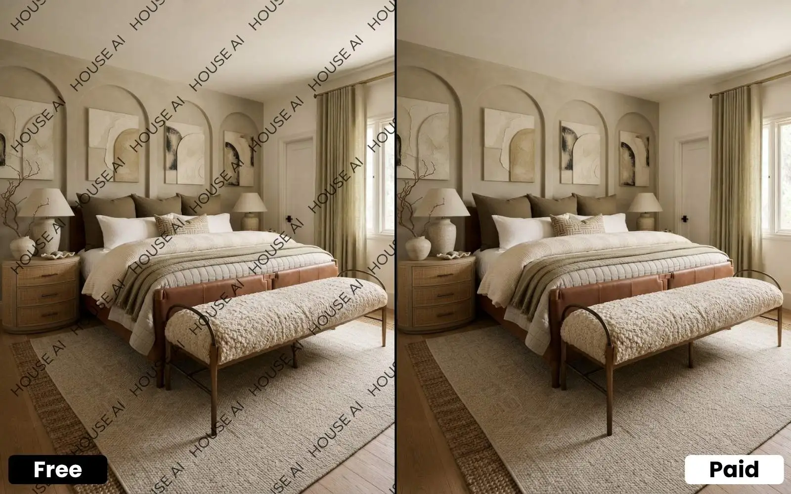 House AI free watermarked design next to the same design without watermark