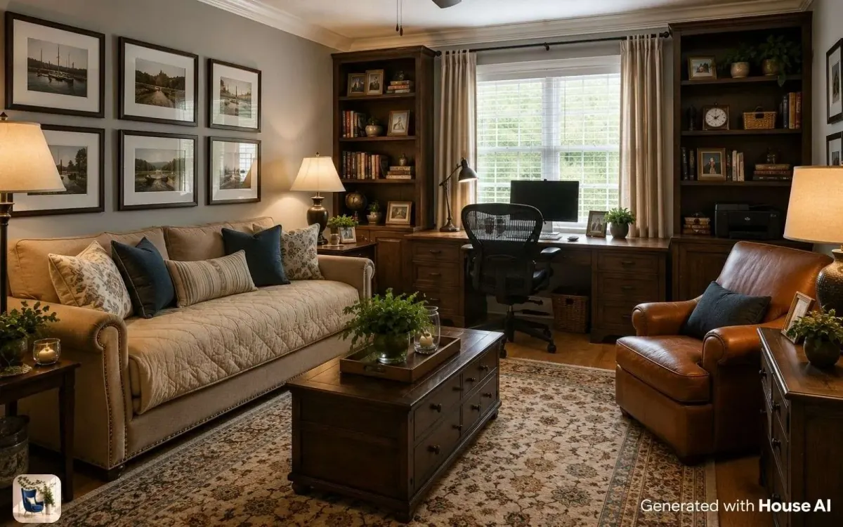 Home office with a sofa and built-in storage serving as a guest room in a Gen X house