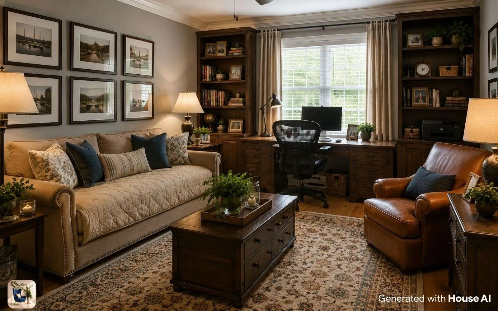 Home office with a sofa and built-in storage serving as a guest room in a Gen X house