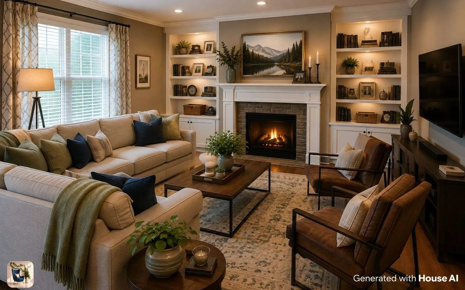 Transitional living room in deep green with performance fabric seating and built-in shelving