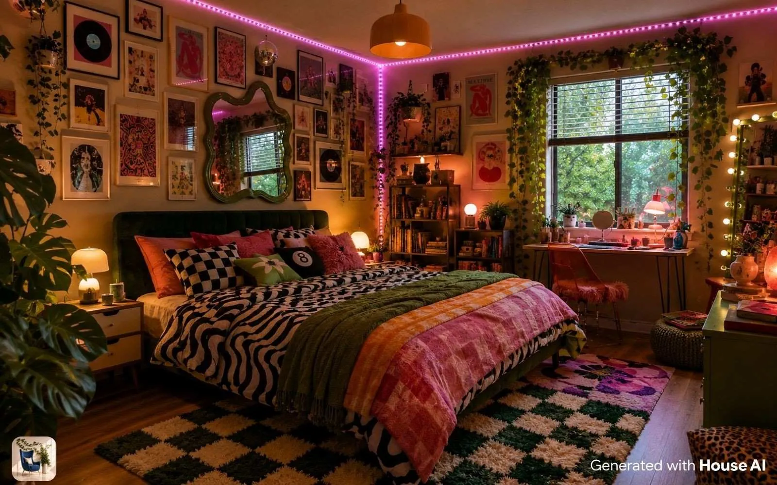 Gen Z bedroom with a dense gallery wall, saturated color, thrifted furniture, and LED strip lighting