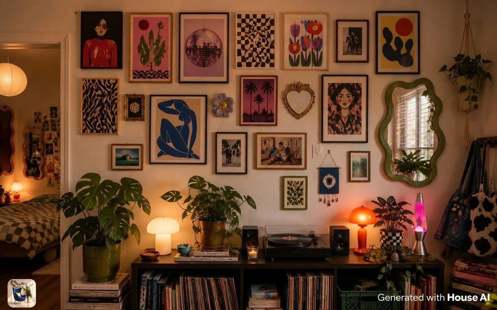 Renter-friendly gallery wall with saturated colors and printed posters above a secondhand console
