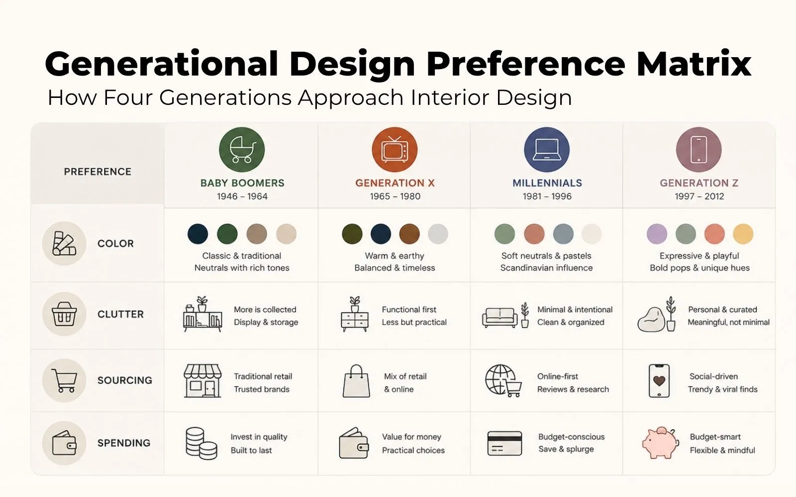 Chart comparing color, clutter, sourcing, and spending across four generations