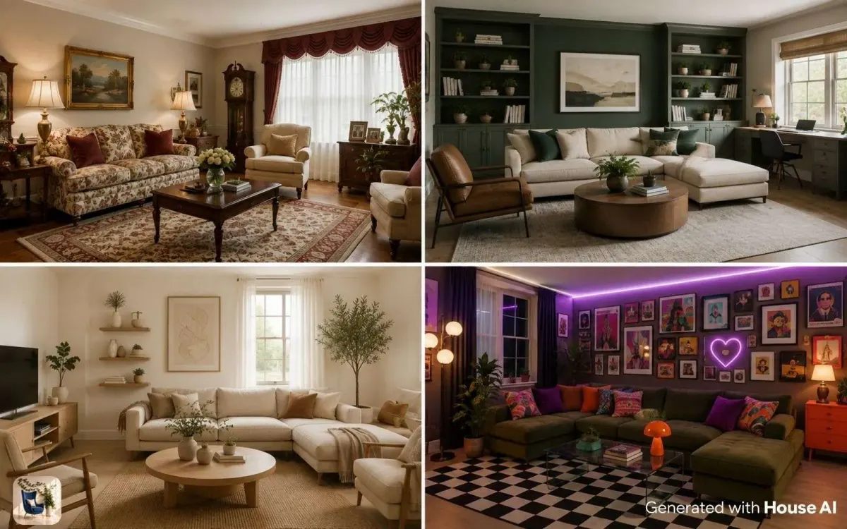 Four living rooms side by side showing boomer, Gen X, millennial, and Gen Z decorating styles in 2026