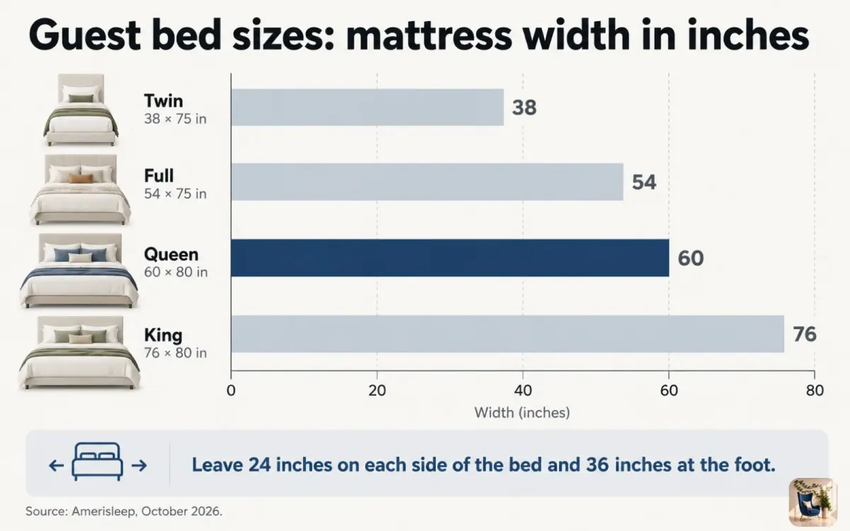 Bar chart of mattress widths in inches, from a 38 inch twin to a 76 inch king, with the 60 inch queen highlighted