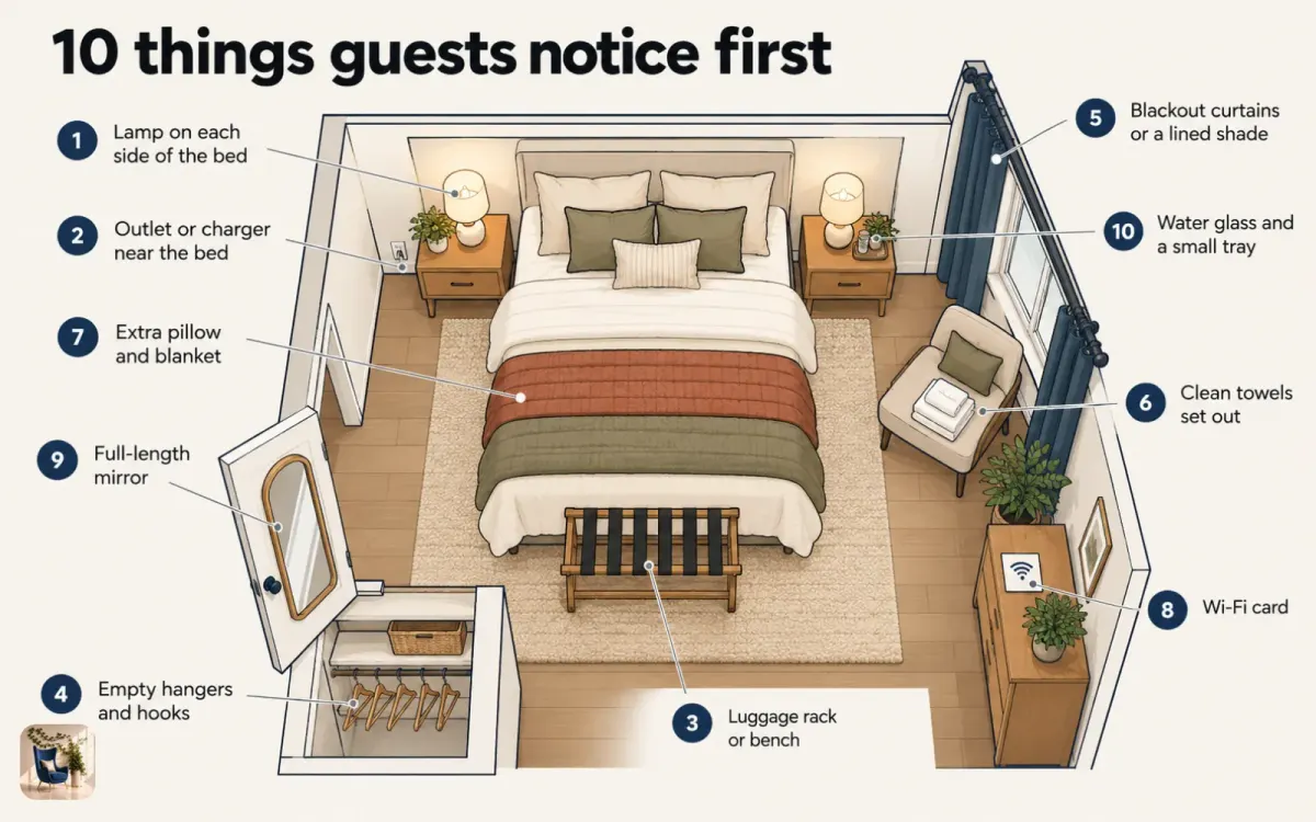 Diagram of a guest bedroom with ten essentials labeled, from bedside lamps and a charger to a luggage rack and towels