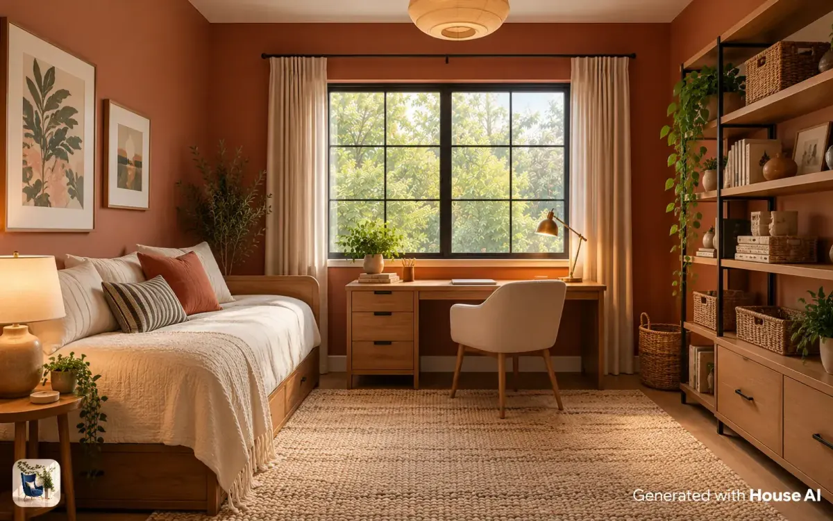 A bedroom set up as an office and guest room, with a daybed along one wall and a desk under the window