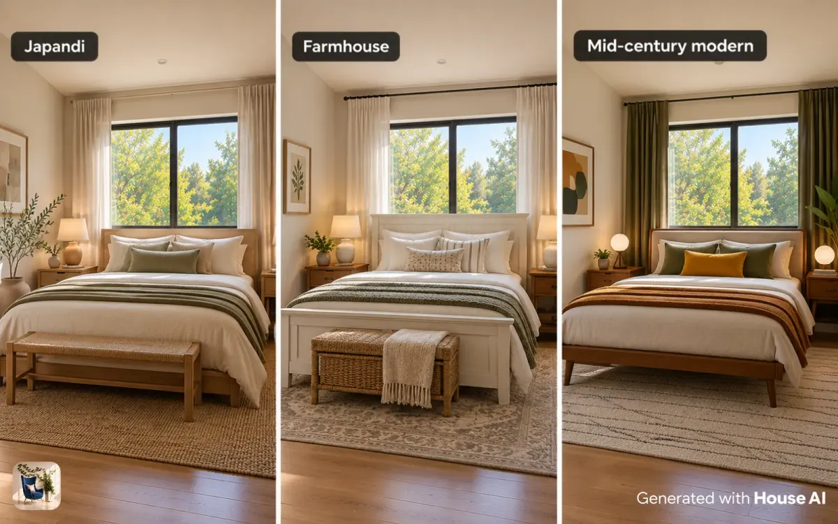The same empty bedroom furnished as a guest room in Japandi, farmhouse, and mid-century modern styles, side by side