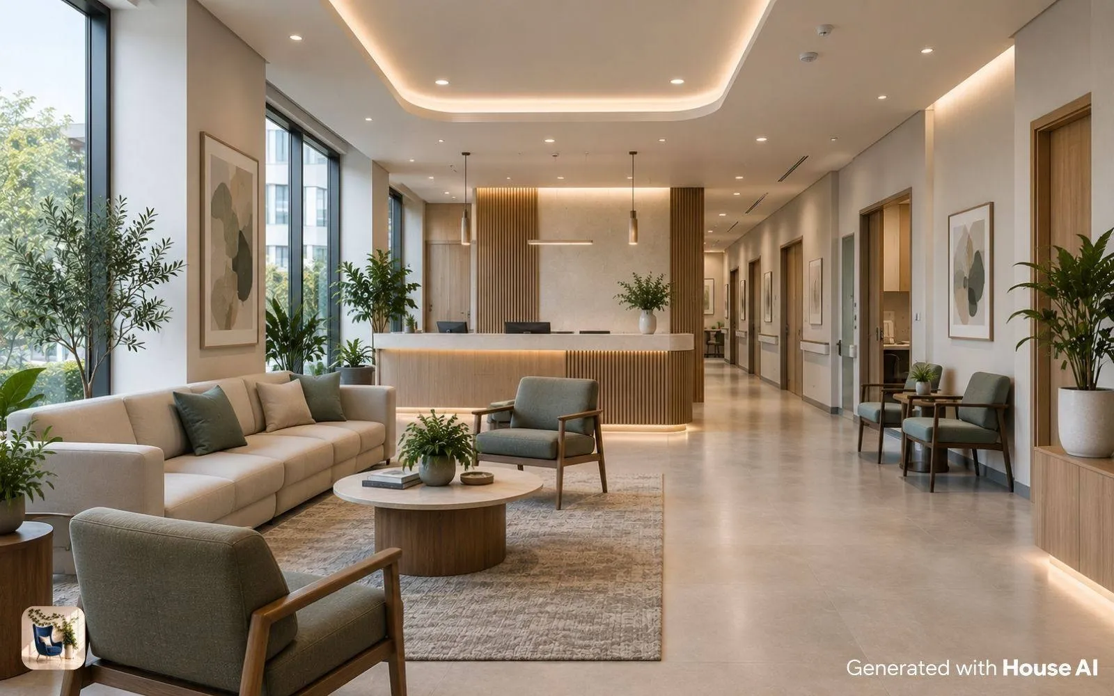 Clinic waiting room with durable finishes, clear wayfinding, and accessible seating