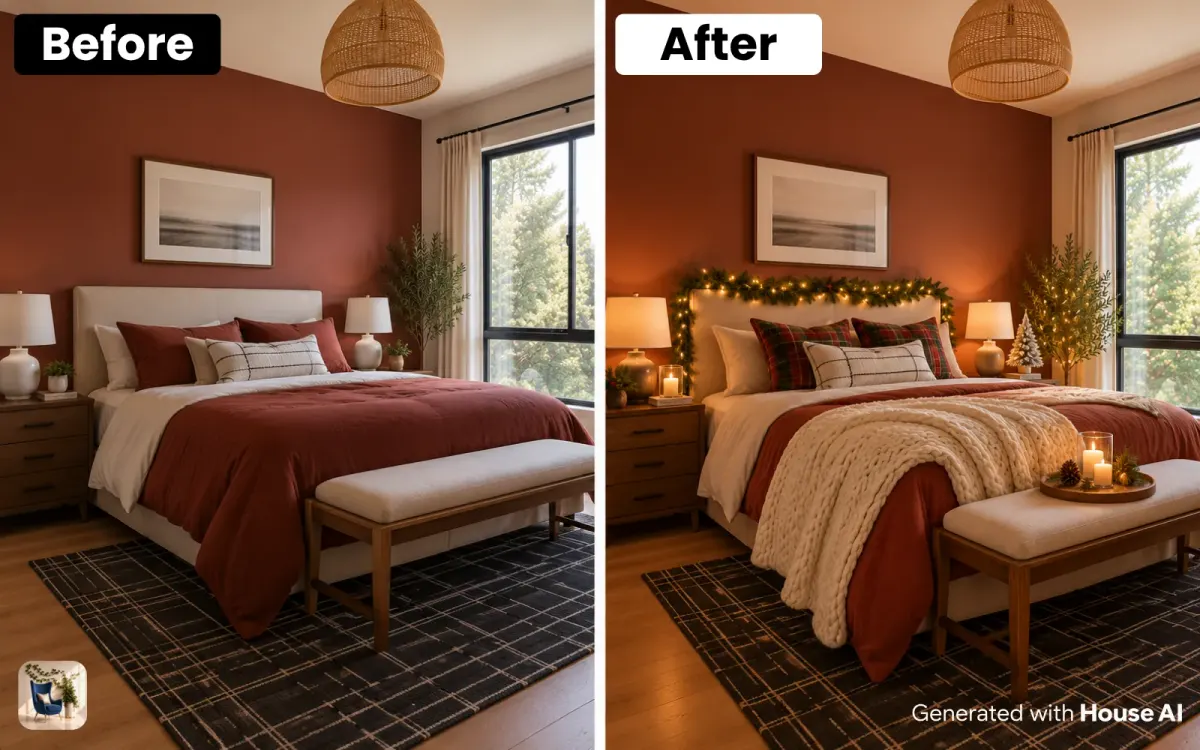 A bedroom before and after a winter holiday look, with a cream knit throw, plaid pillows, and a small lit garland