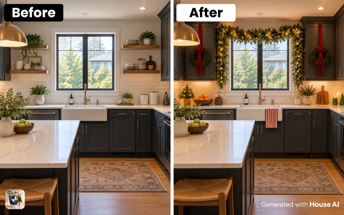 A kitchen before and after holiday decorating, with a pine garland over the window and small wreaths on the cabinets