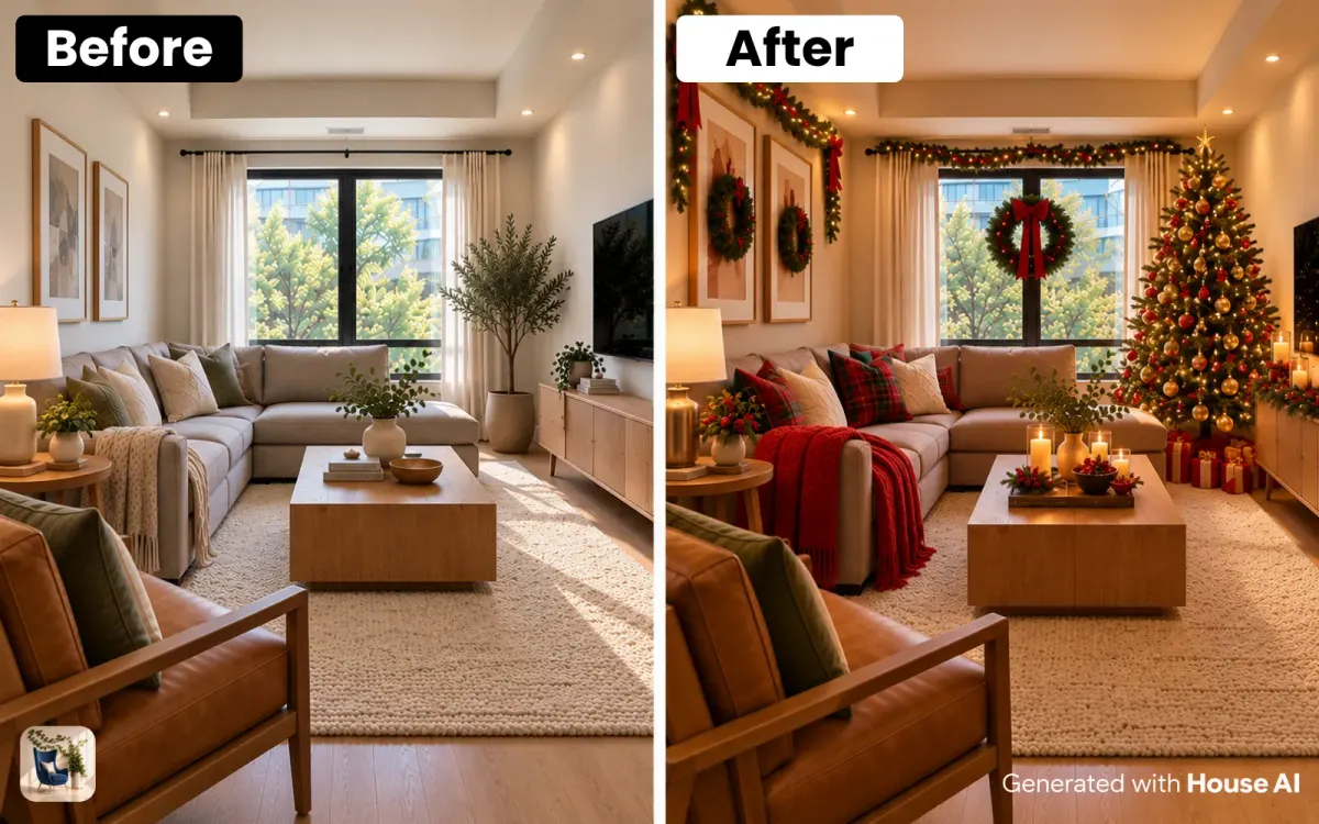 A living room before and after Christmas decorating, with a tree by the window, pine garland, and warm white lights