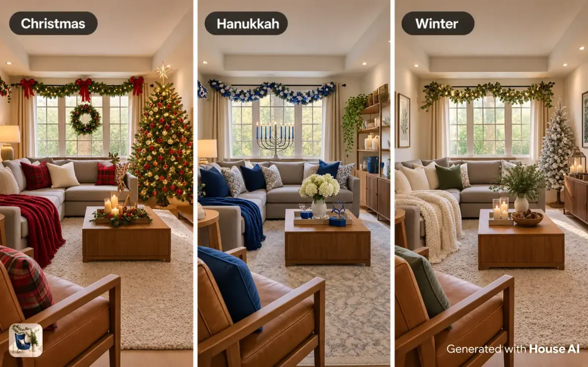 The same living room dressed for Christmas, Hanukkah, and a neutral winter look, side by side with the window in place