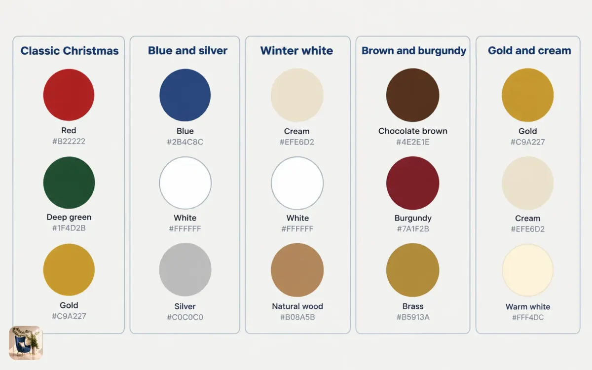 Diagram of five holiday color palettes, from classic red and green to brown and burgundy, with three swatches each
