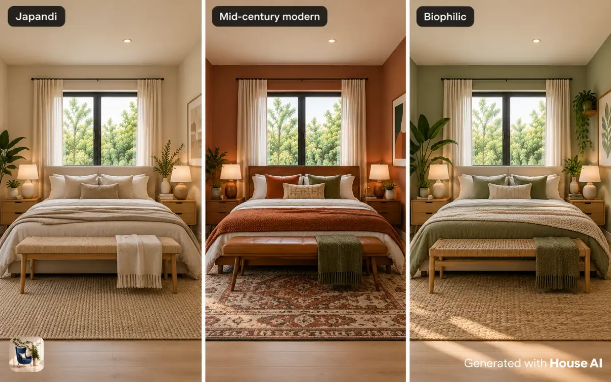The same bedroom in Japandi, mid-century modern, and biophilic styles, each with a calm palette and the bed on one wall