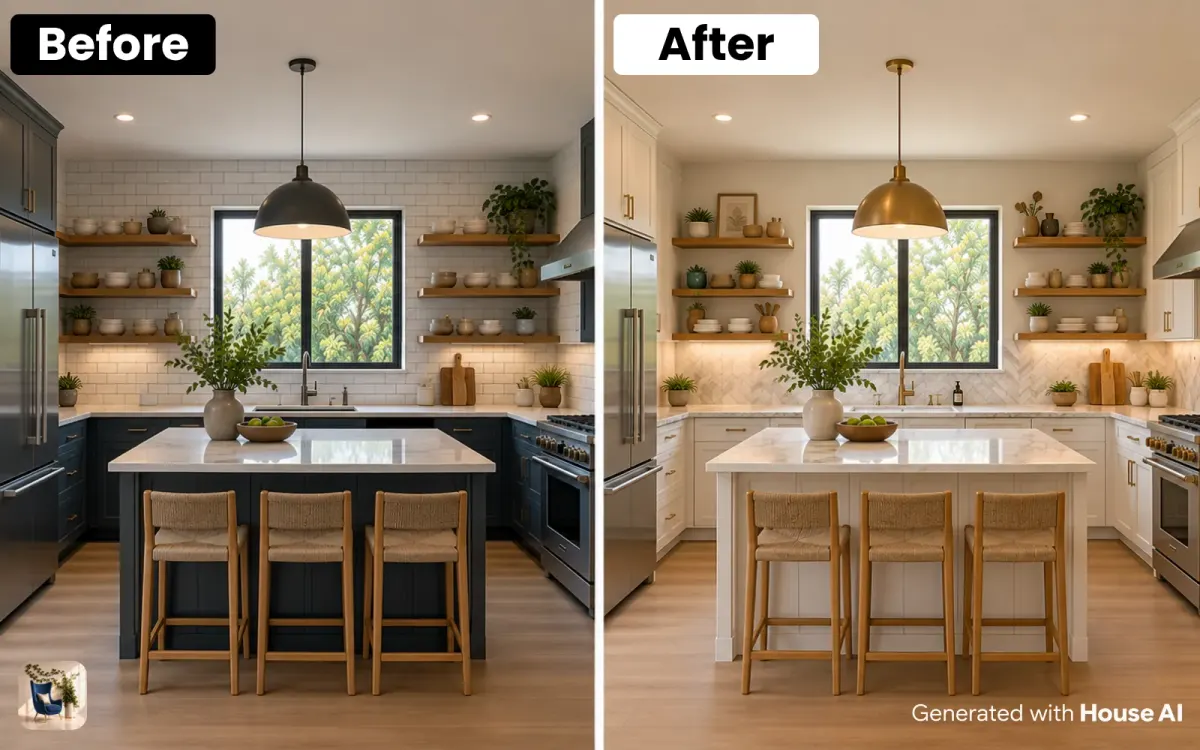 A kitchen before and after a farmhouse restyle, with white painted cabinets and a new backsplash in the same layout