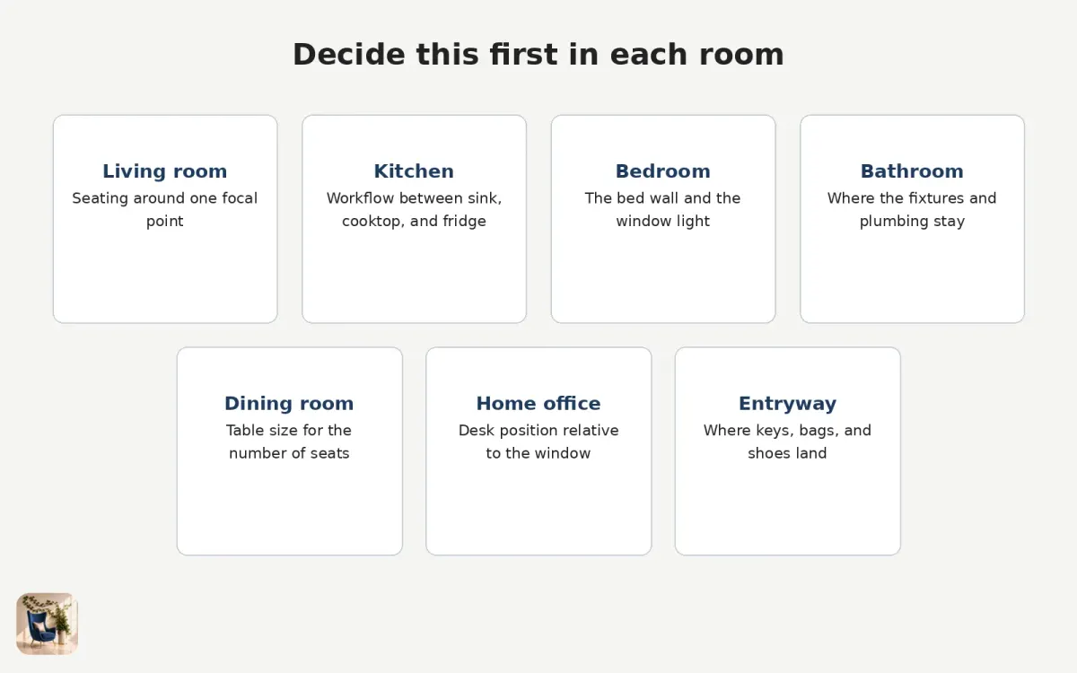Diagram of seven rooms and the first decision in each, from seating in the living room to fixtures in the bathroom