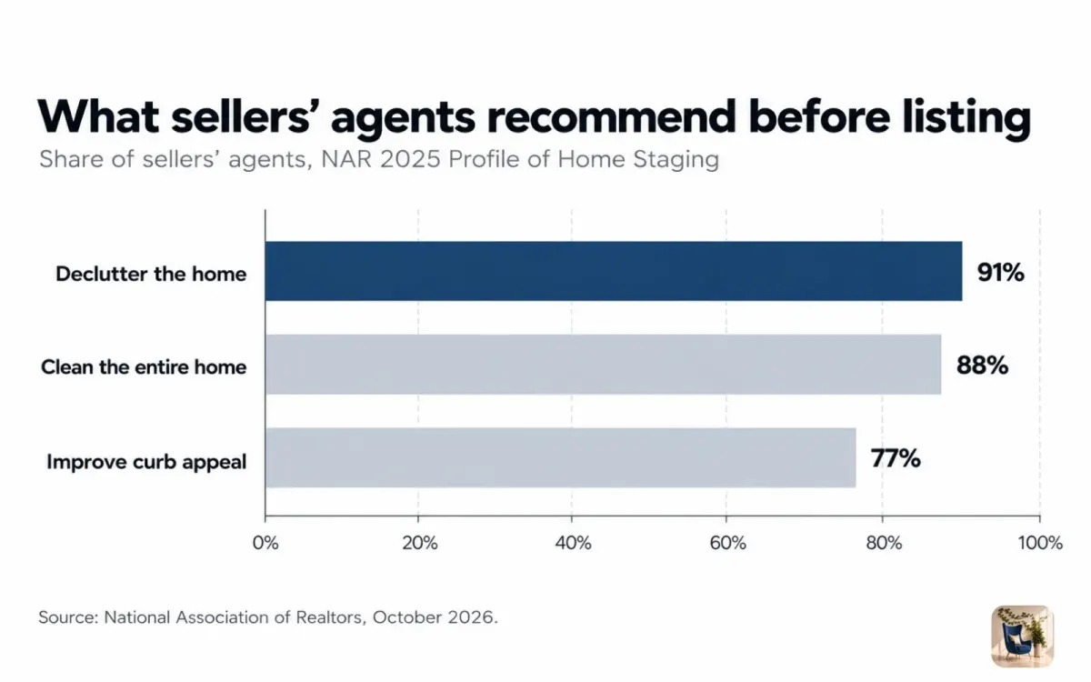 Bar chart of what sellers' agents recommend before listing, led by decluttering at 91% and cleaning at 88%