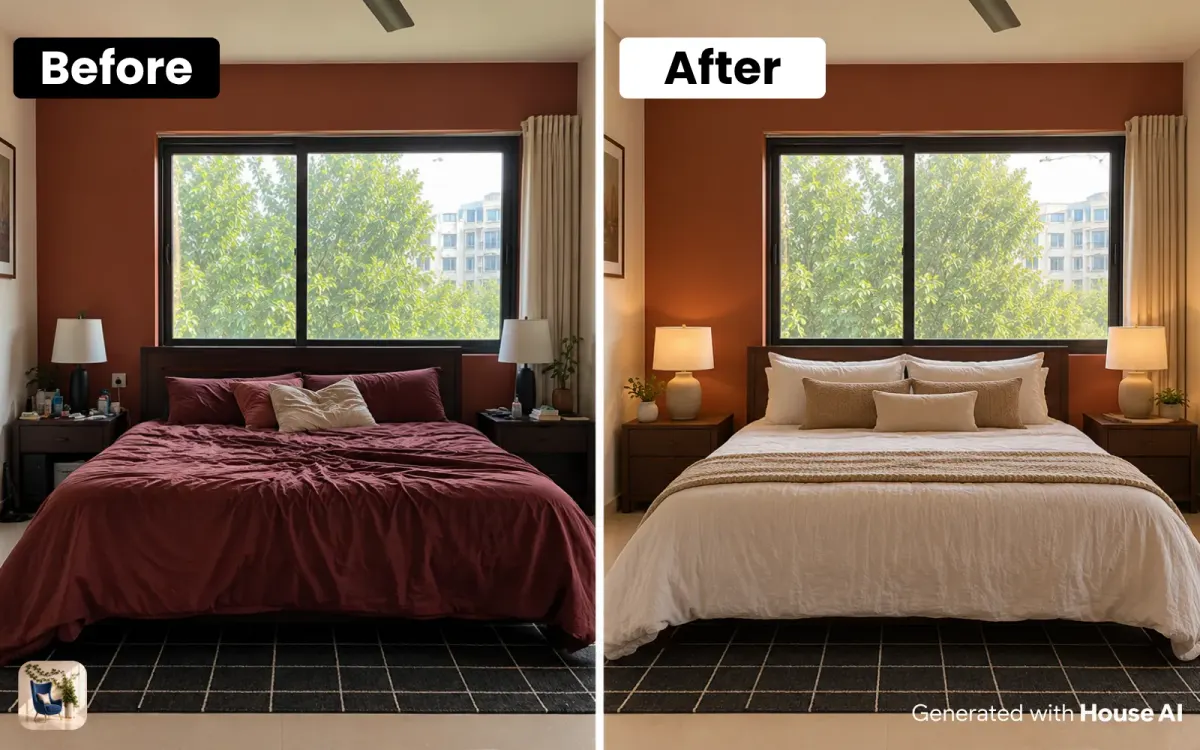 A bedroom before and after a calm staging plan, with plain light bedding, matching lamps, and clear nightstands