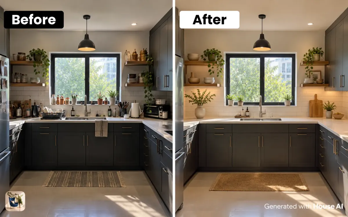 A kitchen before and after a minimalist staging plan, with nearly empty counters by the same window