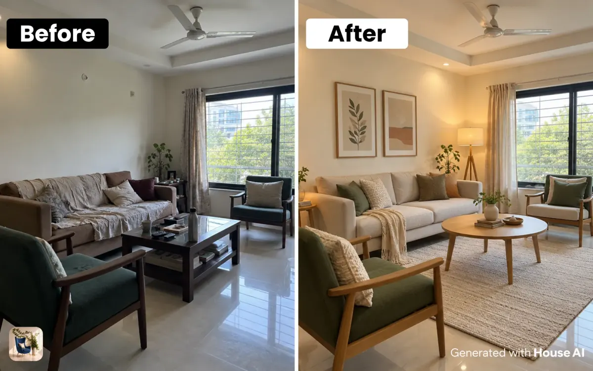 A lived-in living room before and after a neutral staging plan, with clear surfaces, a rug, and a floor lamp