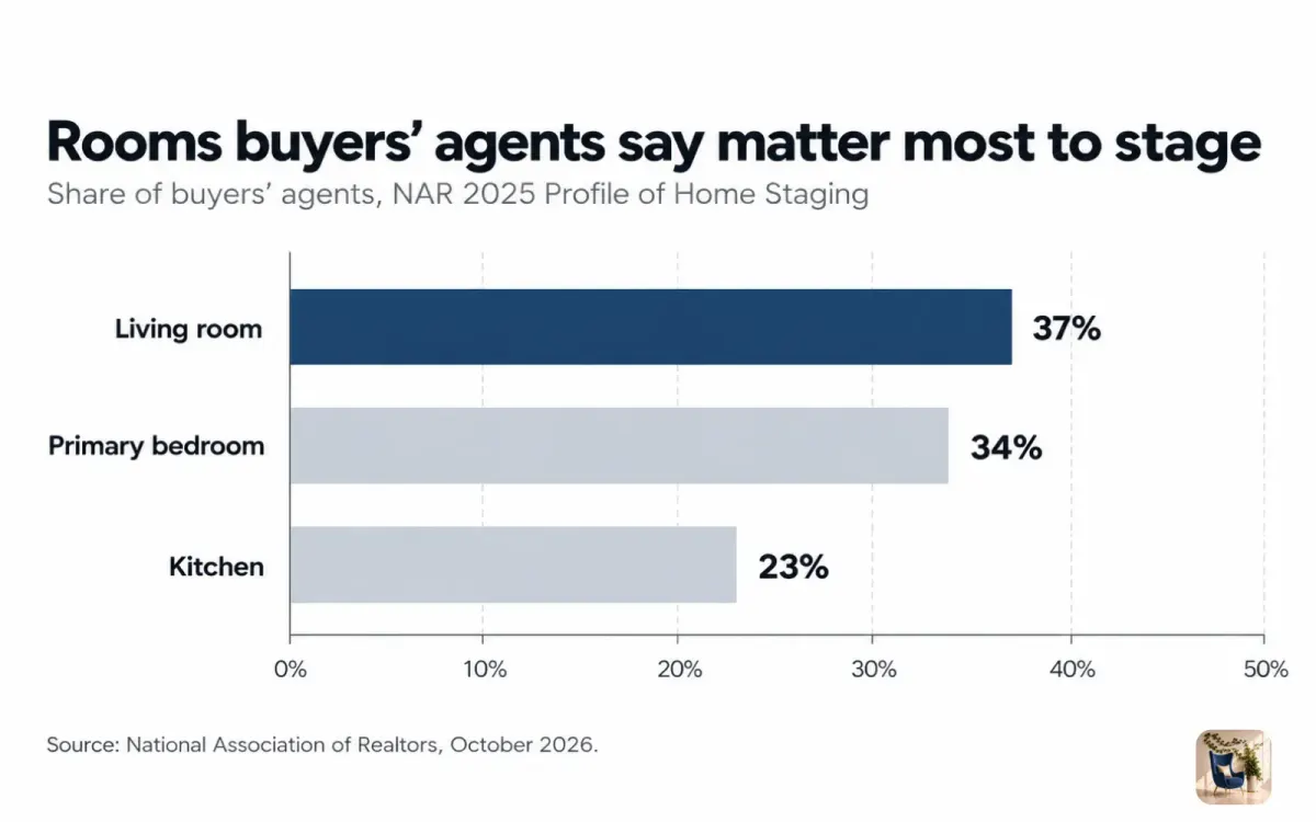 Bar chart of the rooms buyers' agents rank most important to stage, led by the living room at 37%