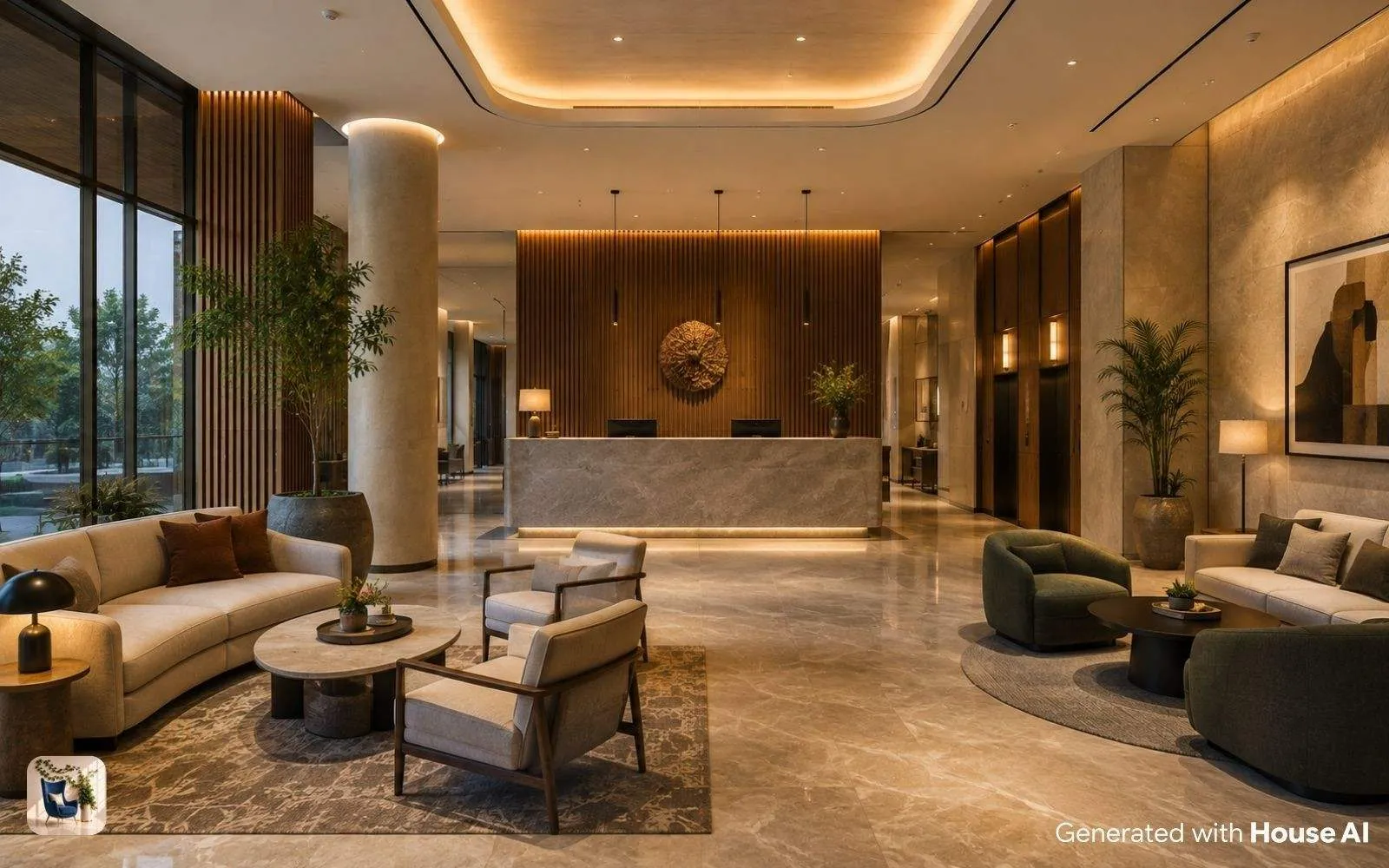 Hotel lobby interior with a reception desk, lounge seating, and feature lighting
