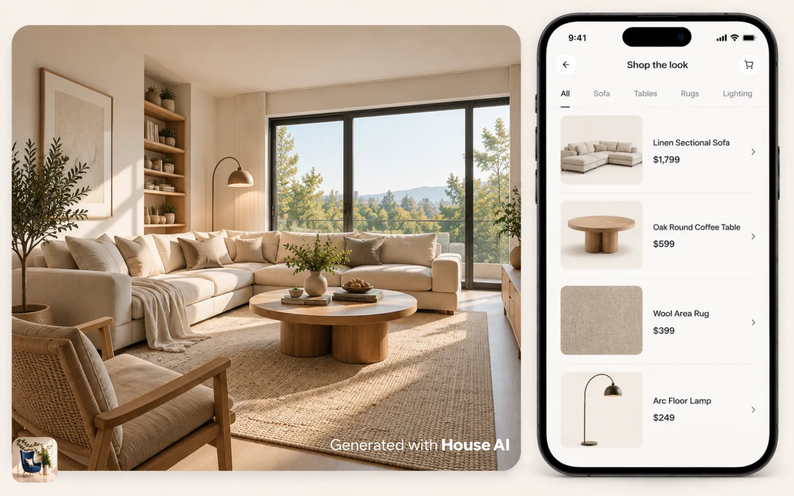 A phone screen listing furniture and decor products matched to a redesigned living room