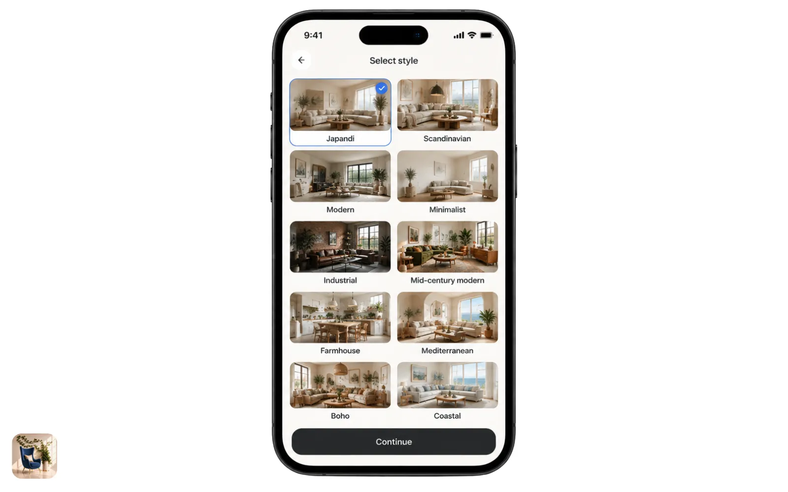 A phone screen showing a grid of interior design styles to choose from