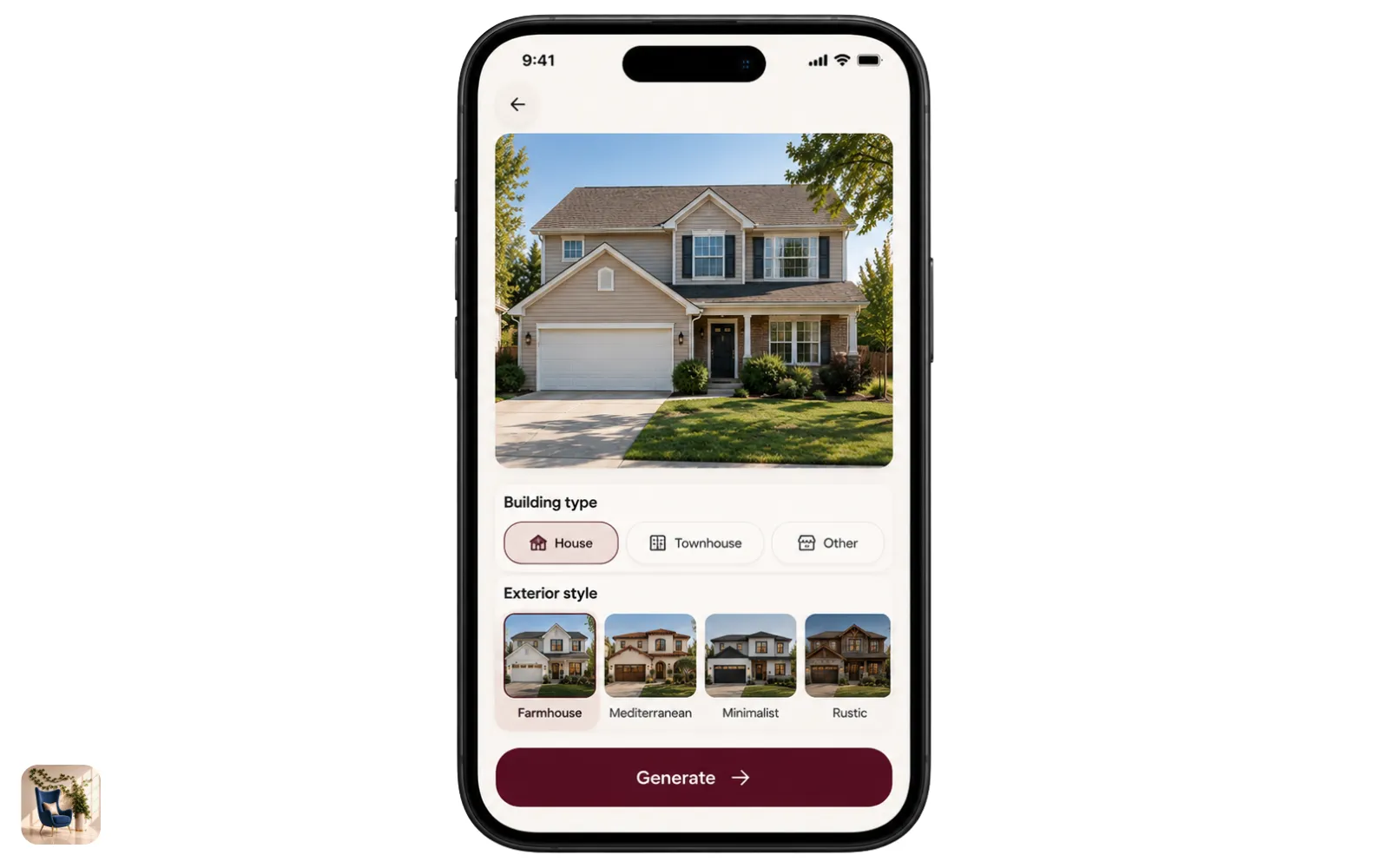 A phone screen showing a photo of a house front loaded in an exterior design tool
