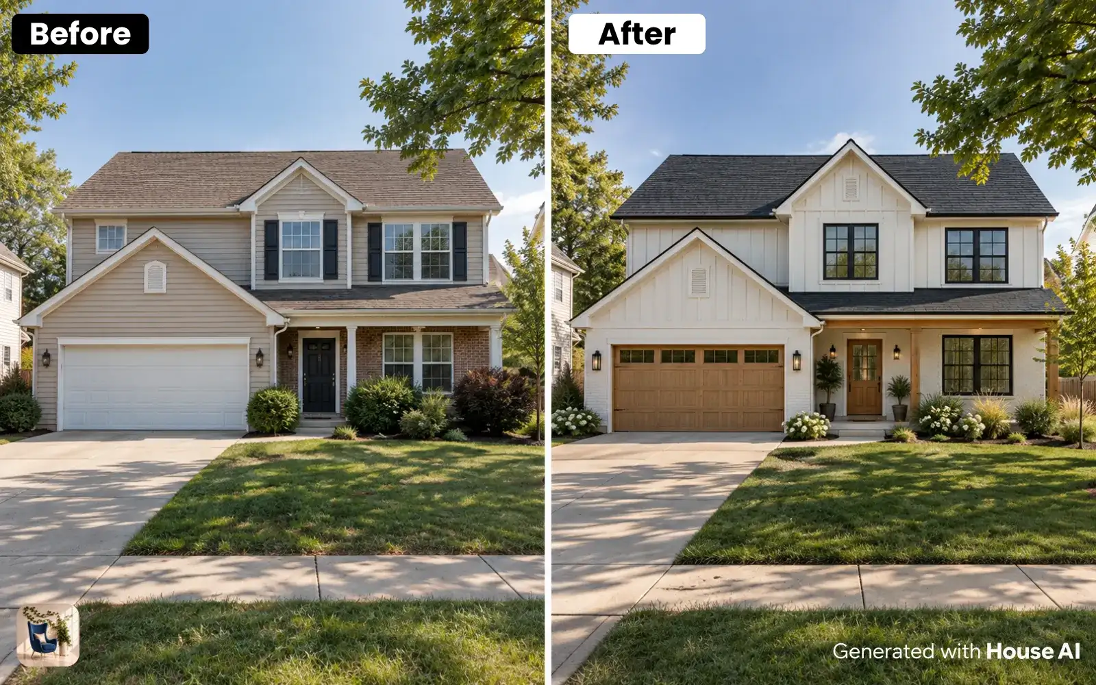 A two-story house front before and after a farmhouse restyle, with the same roofline, windows, and front door