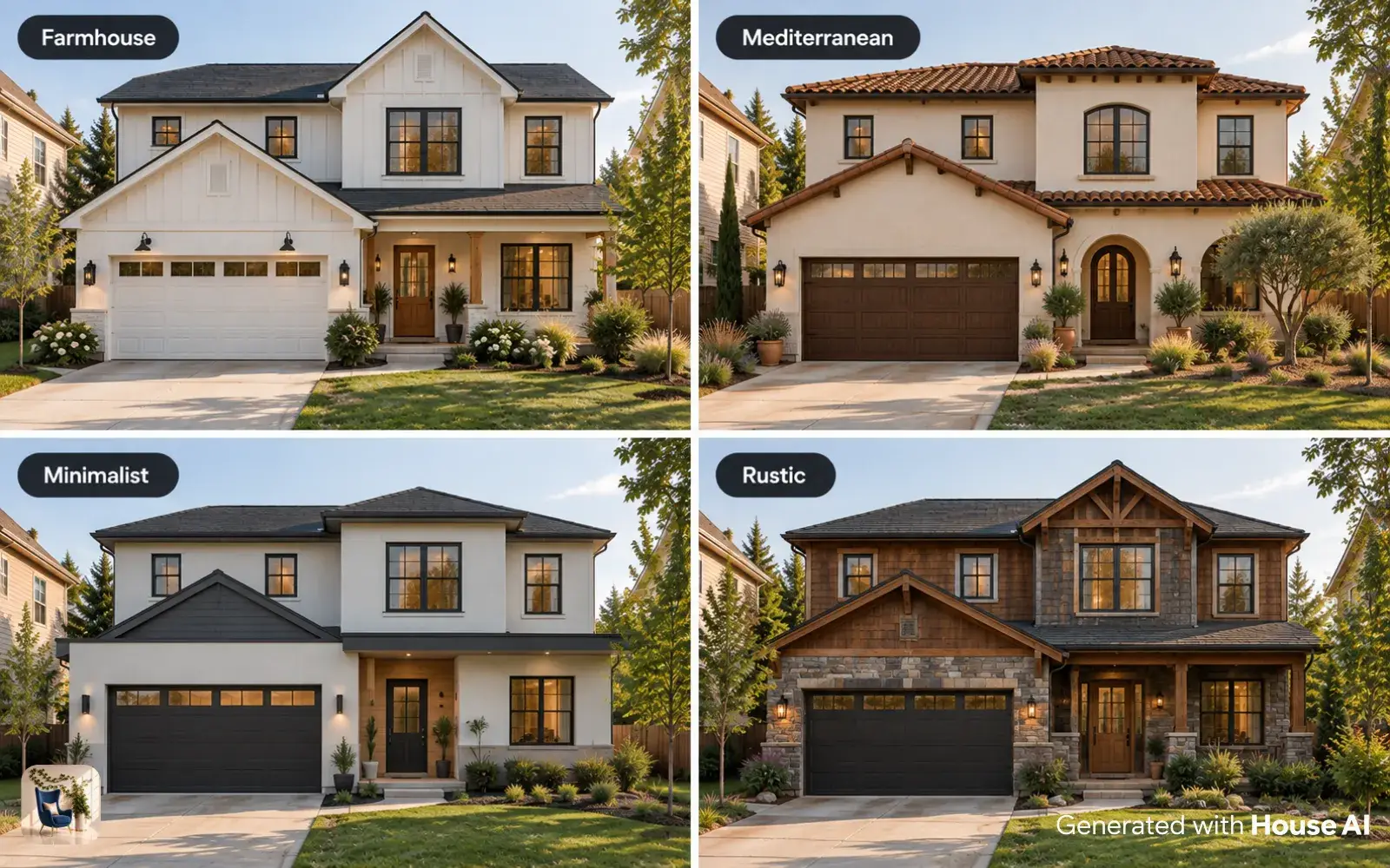 The same house front in farmhouse, Mediterranean, minimalist, and rustic styles, shown in a grid