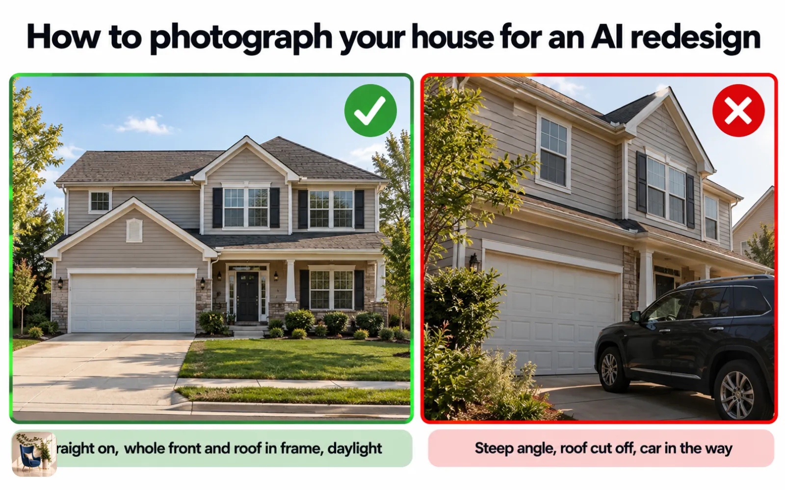 Diagram of a good house photo, taken straight on in daylight, next to a poor one taken at a steep angle