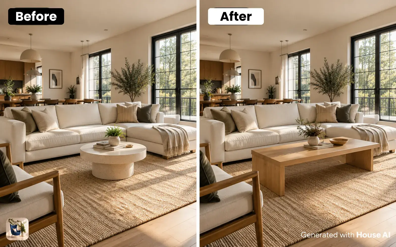 A living room before and after its small coffee table is replaced with a longer rectangular table in front of the sofa