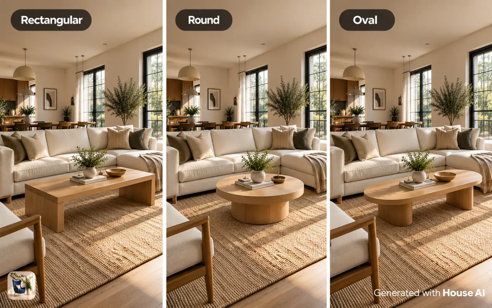 The same living room with a rectangular, a round, and an oval coffee table in front of the sofa, side by side