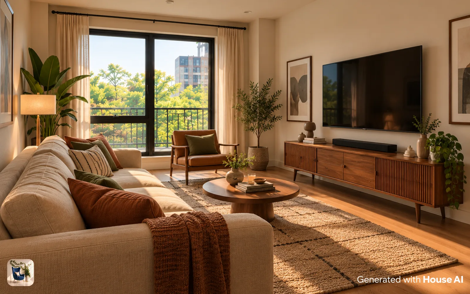A living room with a sofa facing a TV on a low wooden console across a rug, in Mid-Century style