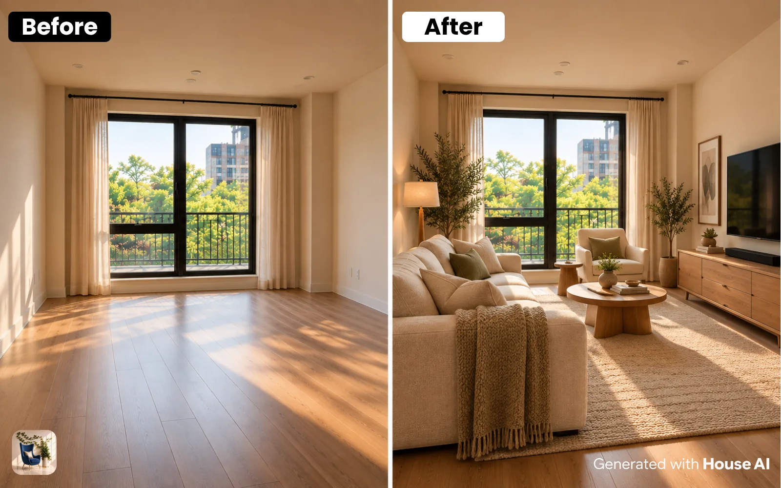 An empty living room before and after it is furnished with a sofa facing a TV on a console, in Scandinavian style
