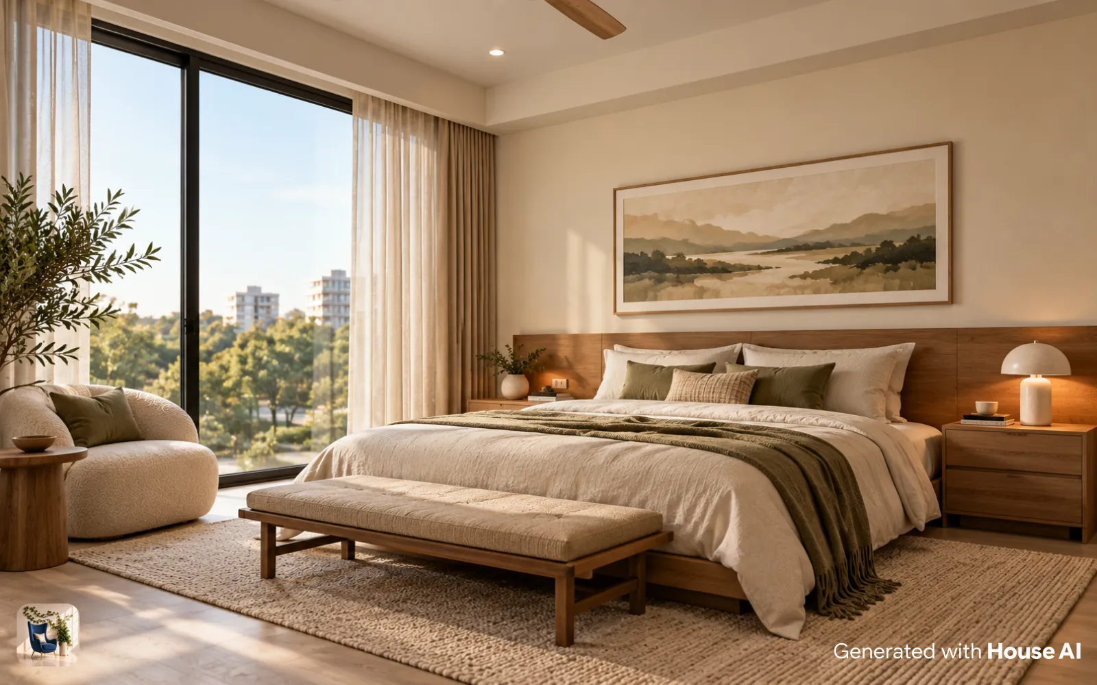 A Japandi bedroom with one wide framed print hung a short gap above a low wood headboard