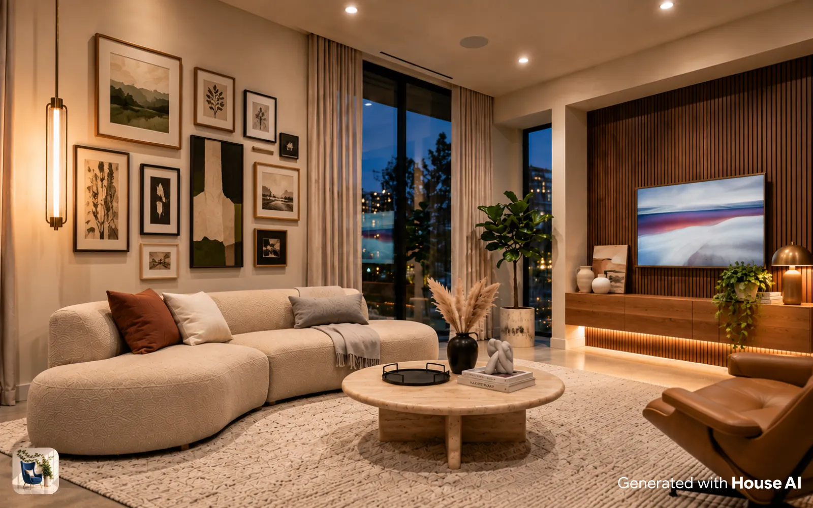 An eclectic living room with a gallery wall of mixed frames grouped above the sofa as one block