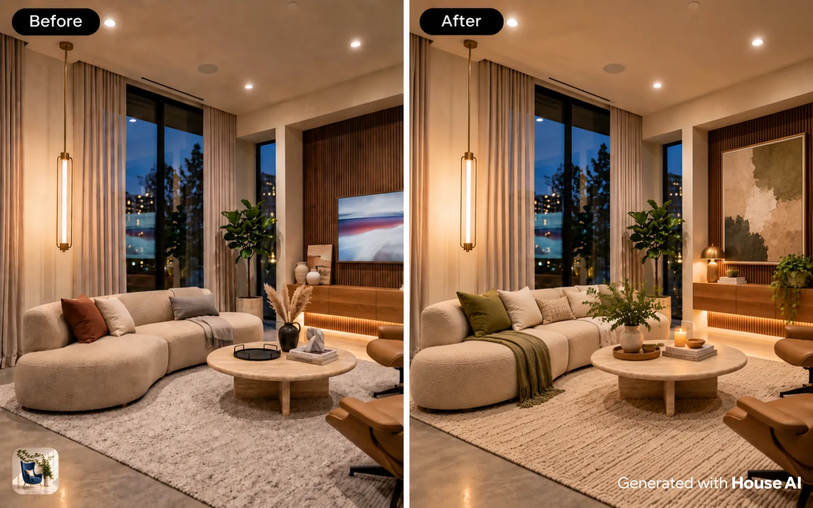A living room before and after a Scandinavian restyle, with one large framed print centered above the sofa