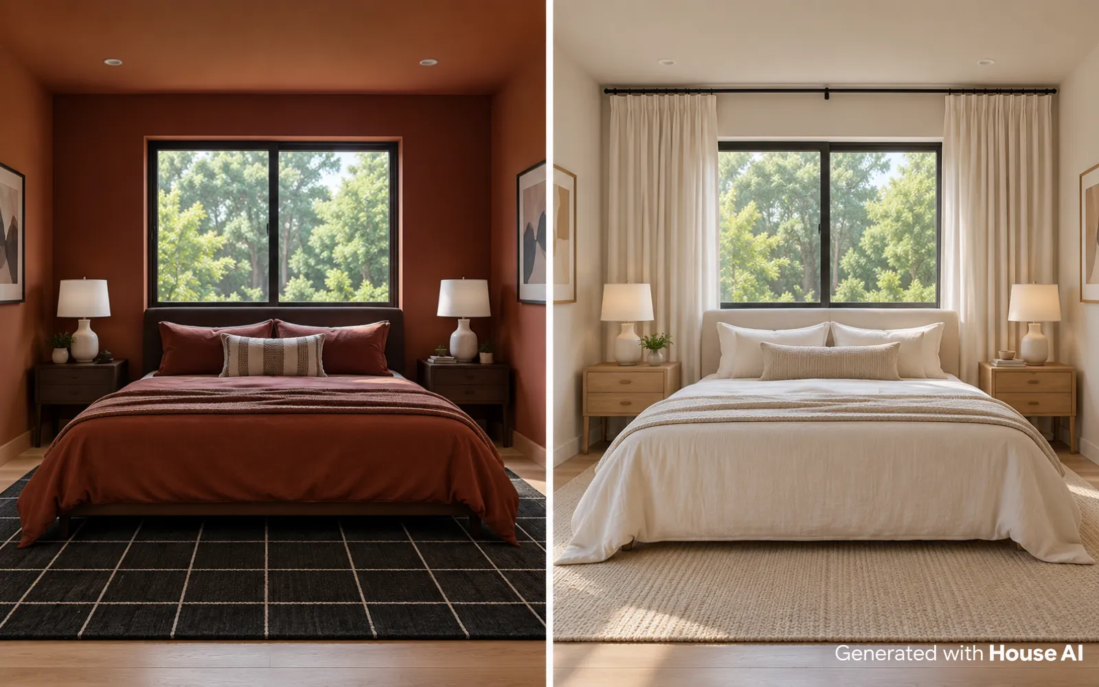 A bedroom before and after floor-length linen curtains are added, hung near the ceiling and just touching the floor