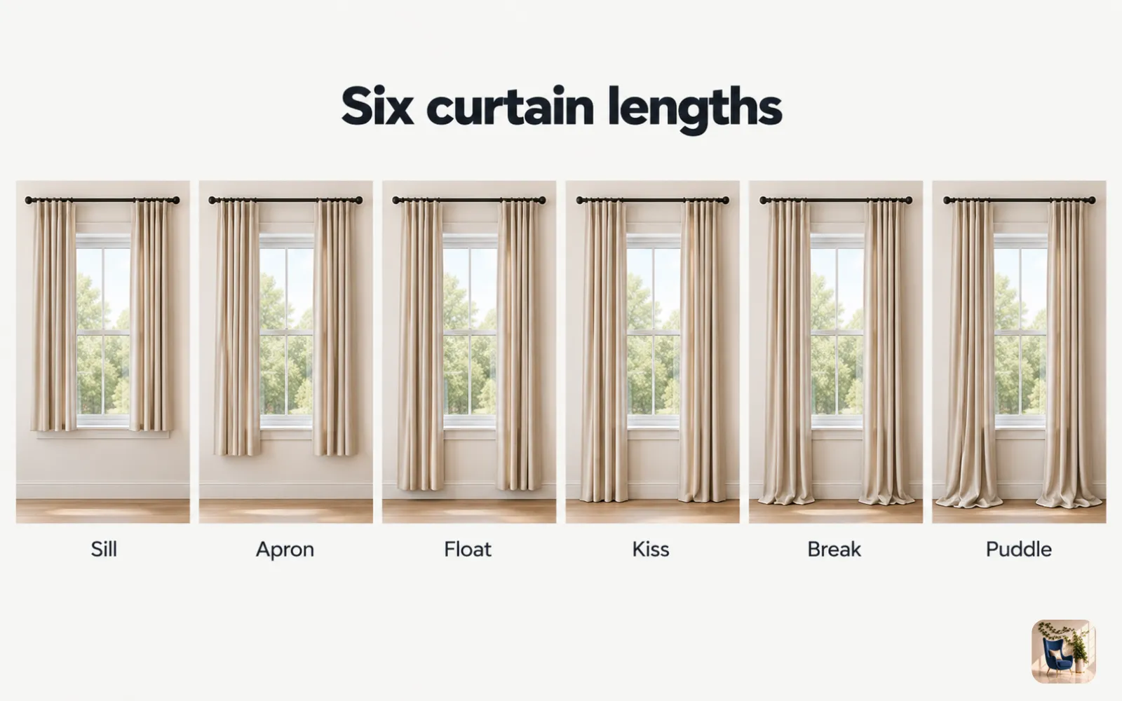 Diagram of six curtain lengths on one window, from sill and apron to float, kiss, break, and puddle