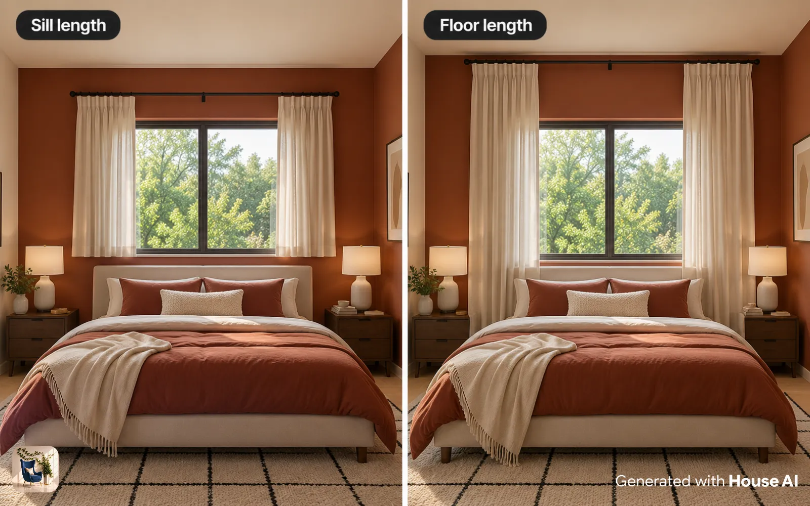 The same bedroom window with curtains that stop at the sill on the left and reach the floor on the right
