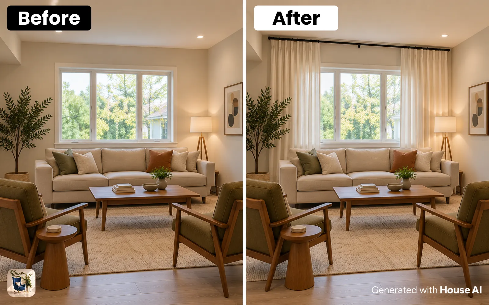 A living room window before and after floor-length linen curtains are hung on a rod above the frame