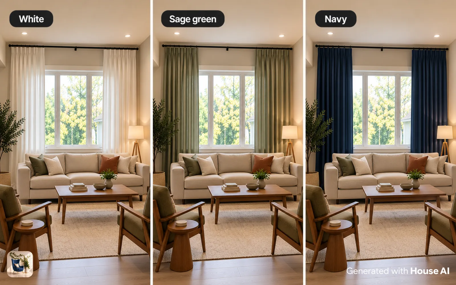 The same living room with floor-length curtains in white, sage green, and navy, side by side