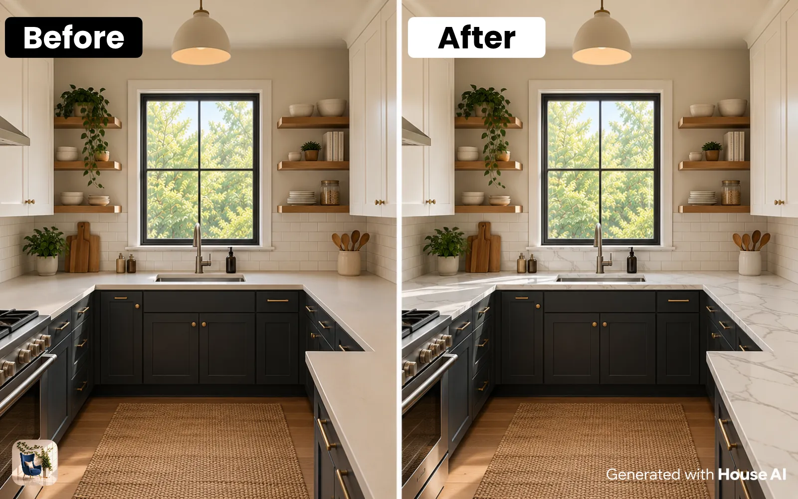 A kitchen before and after its countertops change to white quartz, with the same cabinets and window