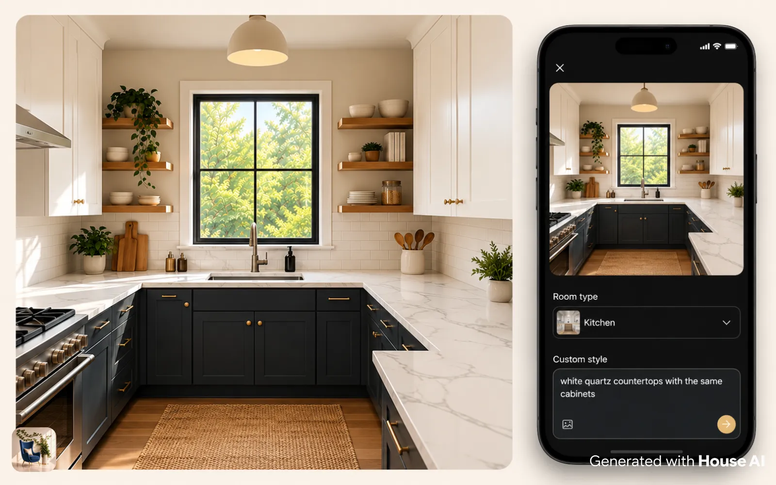 A phone screen with a kitchen photo and a typed request for white quartz countertops